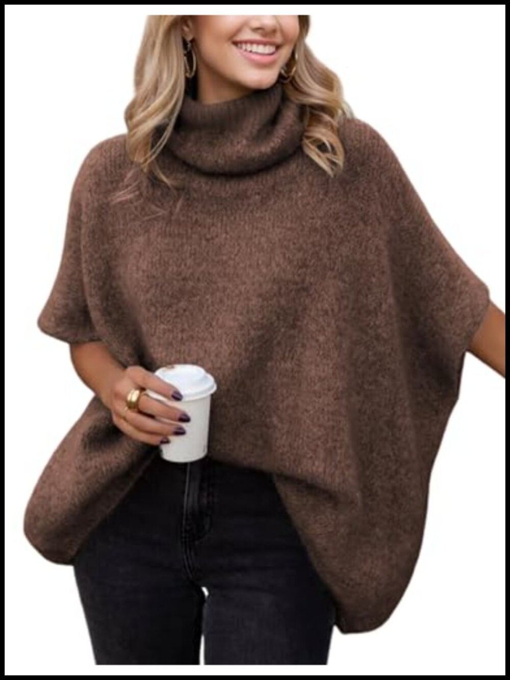 Women's Oversized Turtleneck Sweater Chunky Batwing Short Sleeve Pullover